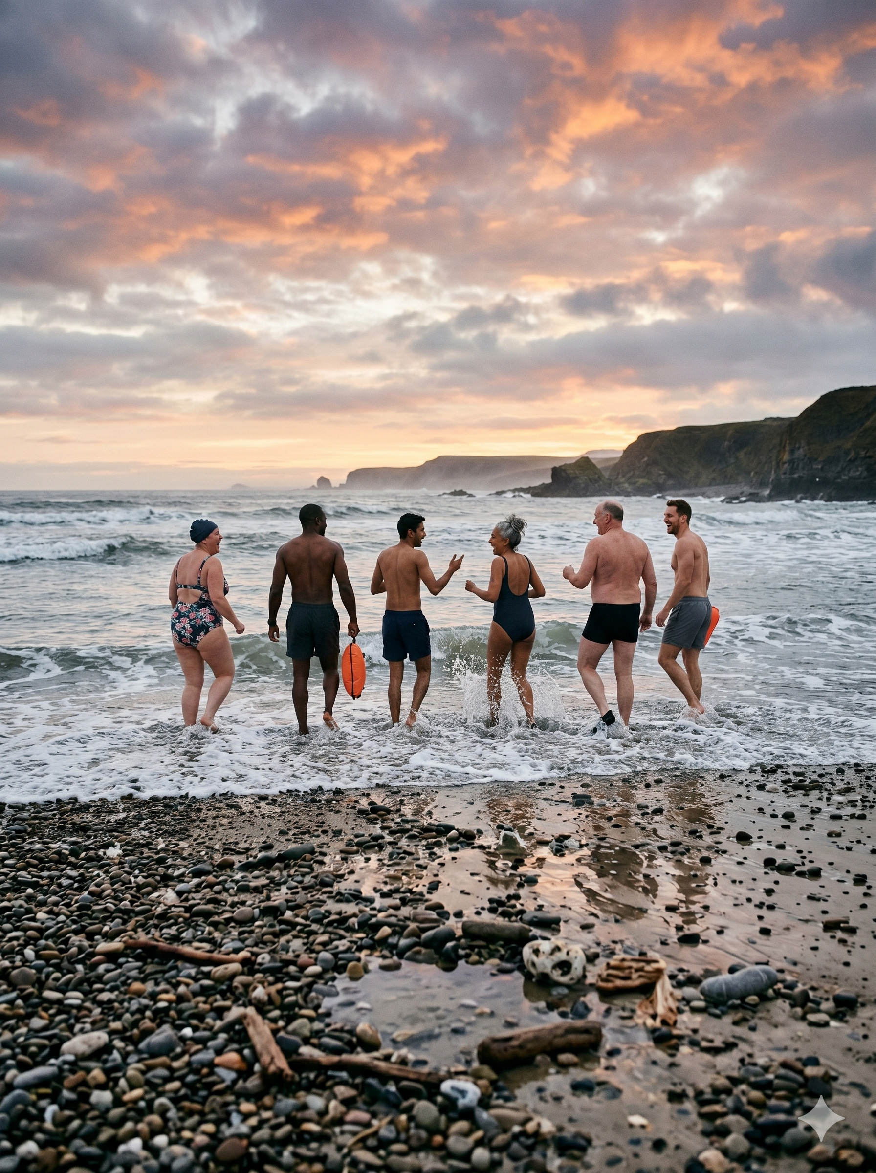 Groups of friends walking into the sea