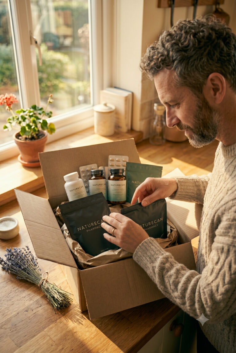 Photograph of a man receiving their parcels and opening the box, instead is two pouches that say naturecan pharmacy on them. Pouches are black Warm, domestic. The package is discreet — no visible branding or labels readable to camera. Natural colours, soft contrast. Feeling: relief, normality, privacy